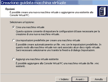 creazione nuova vm virtual pc