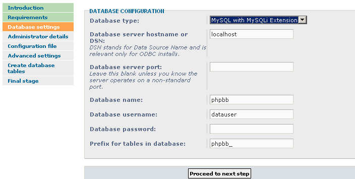 configurazione database