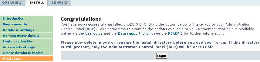 fine installazione phpbb3